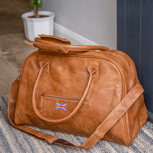 Faux Leather Overnight Bag and Shoulder Strap with Union Jack Embroidered Logo