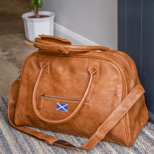 Faux Leather Overnight Bag and Shoulder Strap with Scottish Flag Embroidered Log