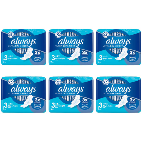 Always Ultra Night Size 3 Sanitary Towels with Wings 9 Pack (Bulk Buy Pack Of 6)