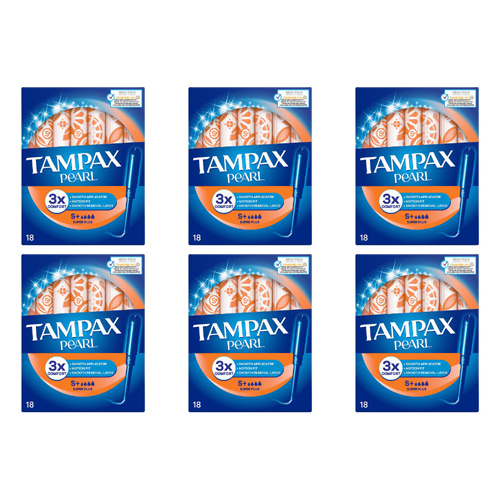 Tampax Super Plus Pearl Applicator Tampons 18 Pack (Bulk Buy Pack Of 6)