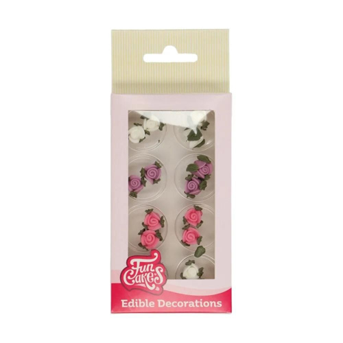 FunCakes Sugar Decorations Roses With Leaves Set Of 16 (Bulk Buy Pack Of 6)