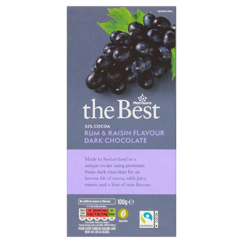 Morrisons The Best 52% Cocoa Rum & Raisin Flavour Dark Chocolate (Bulk Buy Pack Of 6)