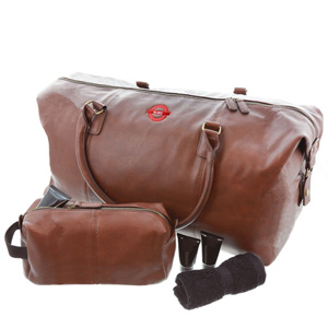 Faux Leather Holdall and Wash Bag Travel Set with Bus Sign Embroidered Logo